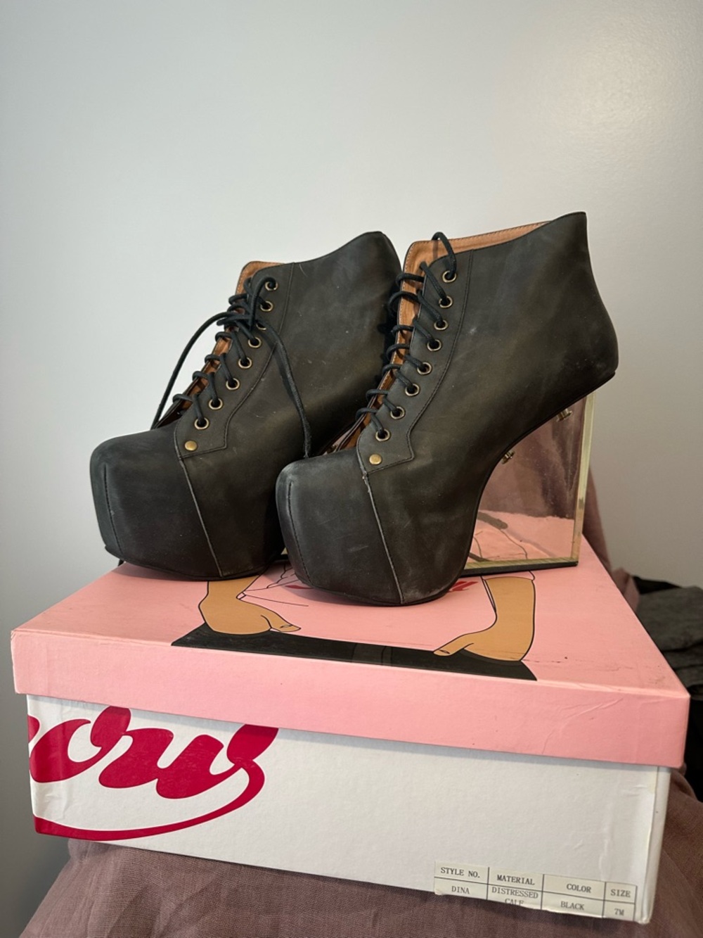 Jeffrey Campbell Dina Black Lace-Up Platform Ankle Boots with Clear Wedge